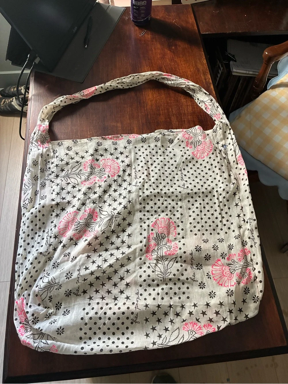 Free People Cream Canvas Hobo with Pink Floral and Black Dot Print
